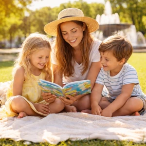 Une babysitter à Draguignan qui lit une histoire dans un parc à deux enfants